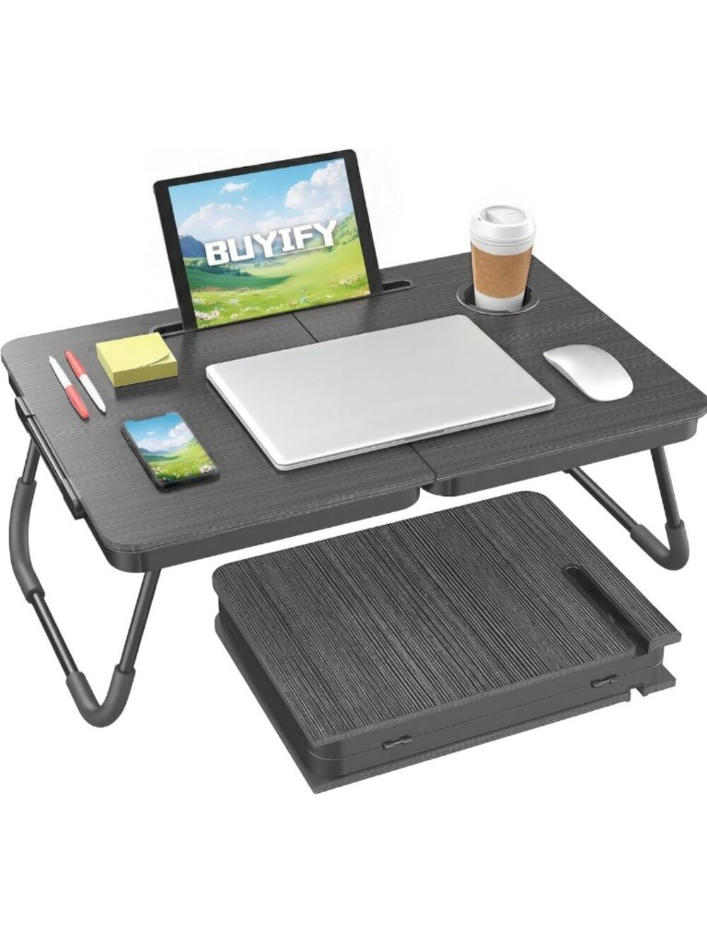 Foldable 23.4" Lap Desk with Cup Holder - Portable Bed Table for Work & Study